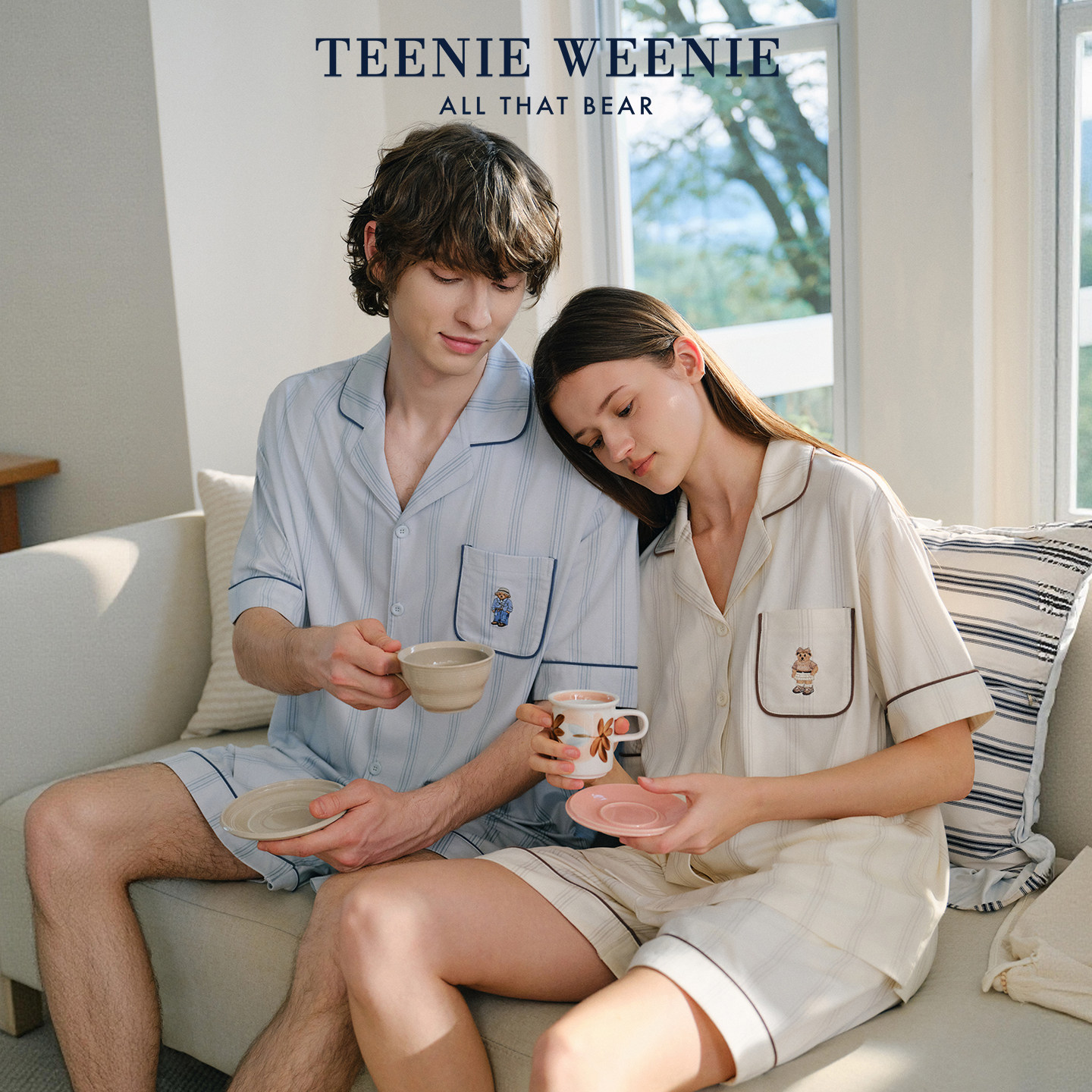 TeenieWeenie小熊情侣睡衣夏季莫代尔棉短袖短裤条纹家居