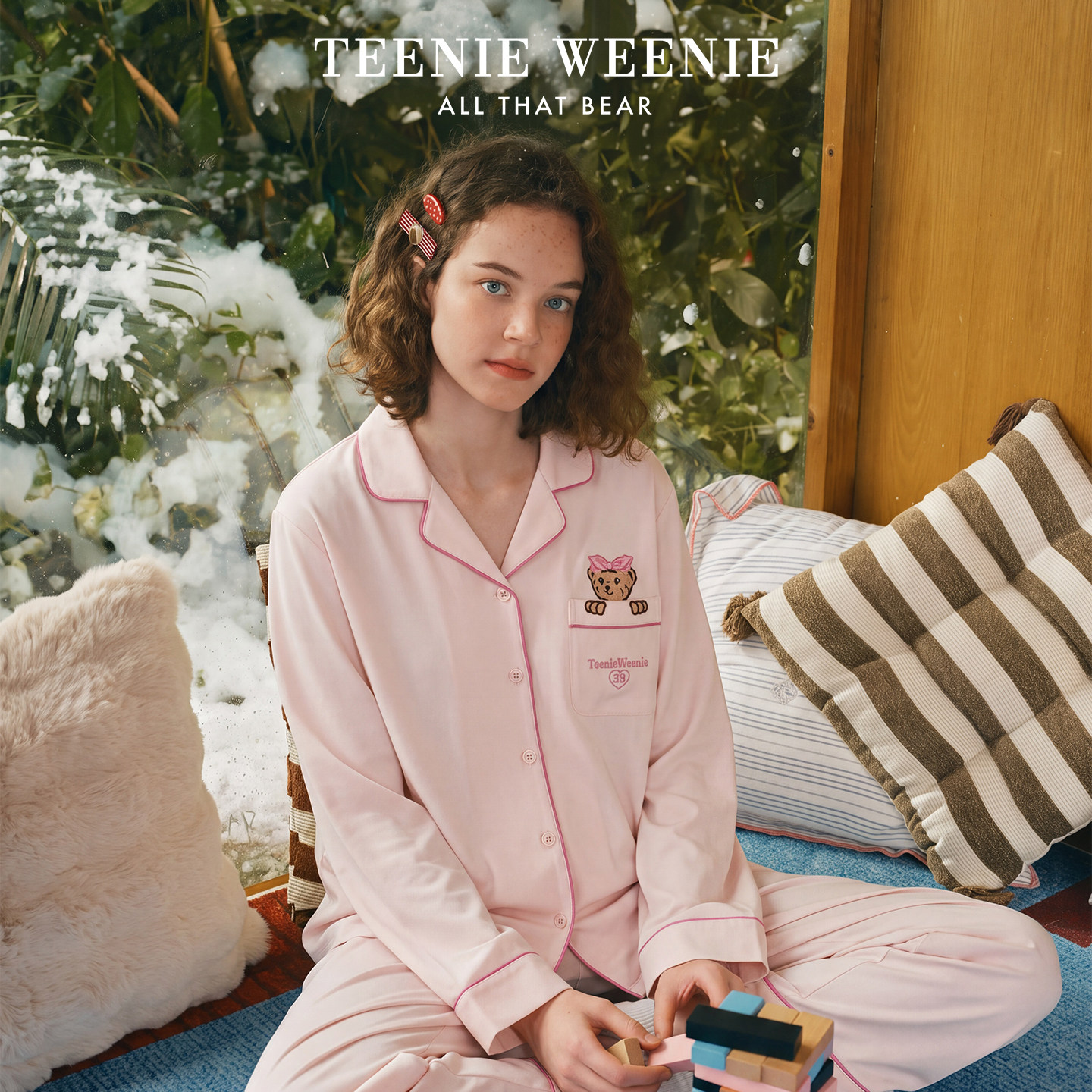 TeenieWeenie纯棉睡衣女新款春秋季毛巾绣复古美式情侣家居服套装