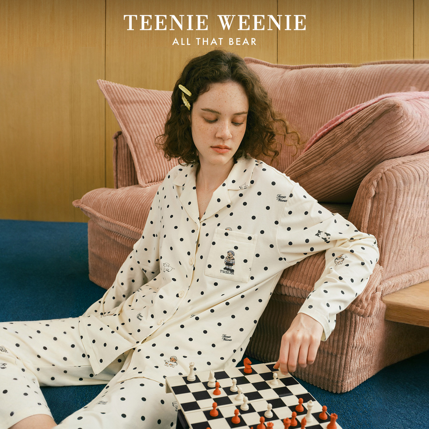 TeenieWeenie睡衣女款春秋季莫代尔棉卡通小熊翻领长袖长裤家居服