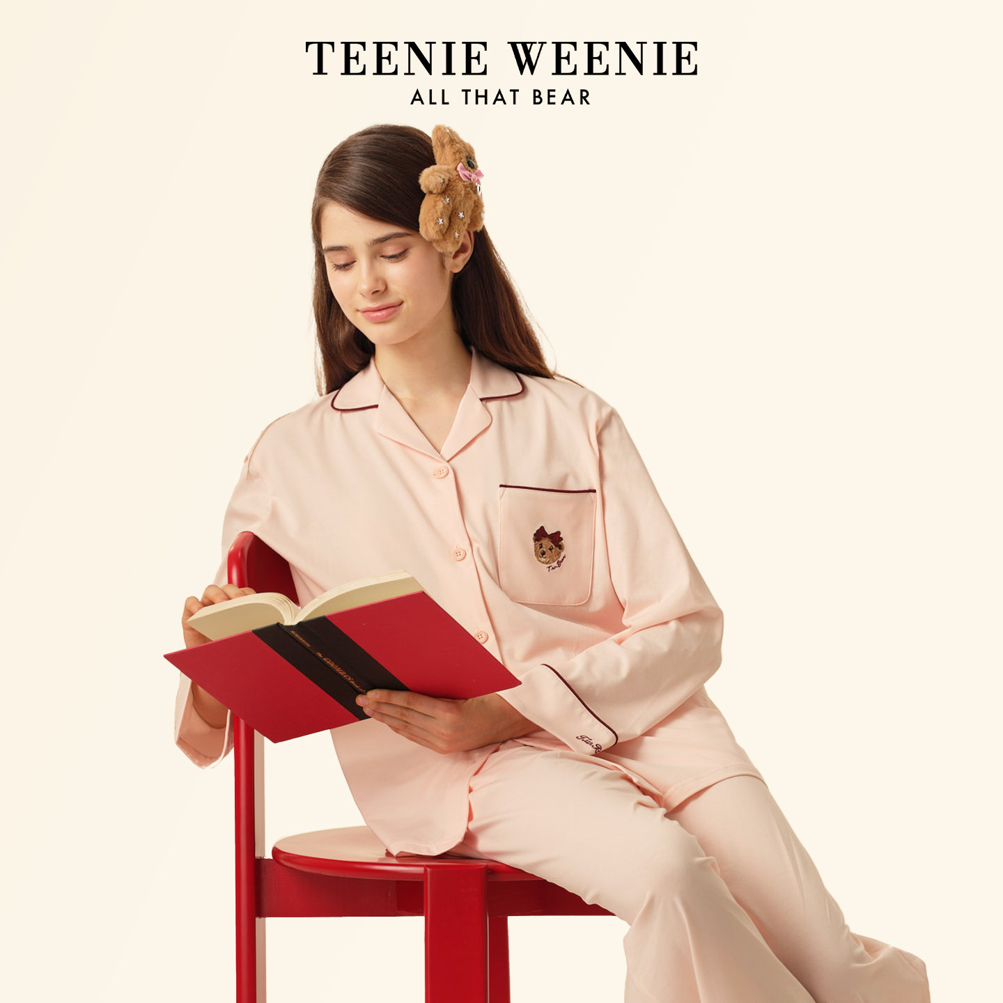 TeenieWeenie小熊刺绣纯棉女士睡衣上衣睡裤春季长袖家居服套装男