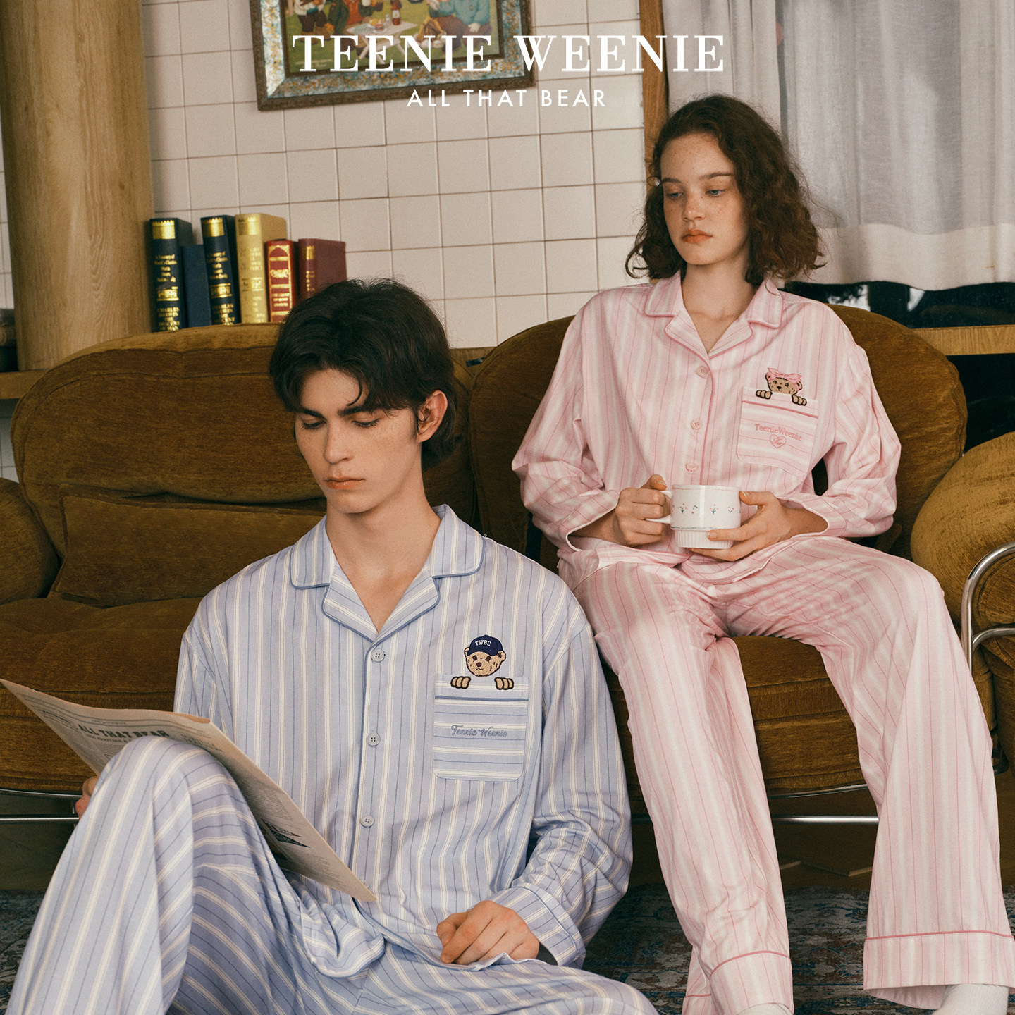 TeenieWeenie小熊纯棉情侣睡衣2026春秋新款高级感撞色女士家居服