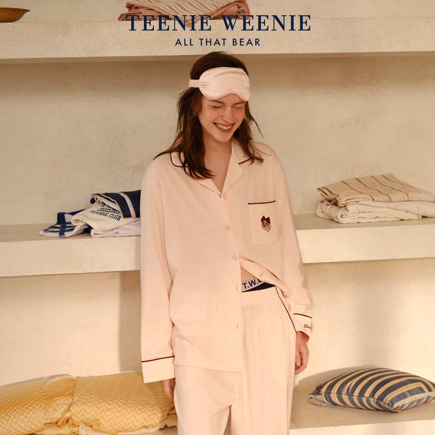 TeenieWeenie小熊情侣新款睡衣女夏季纯棉长袖刺绣家居服