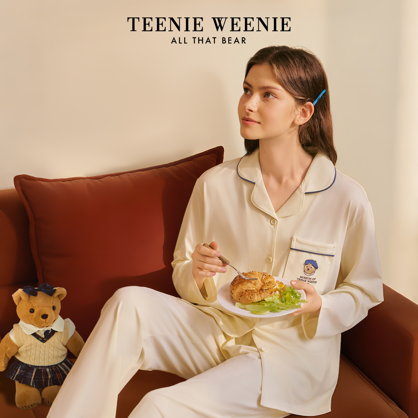 TeenieWeenie小熊睡衣女款2025新款秋冬季纯棉长袖情侣家居服套装