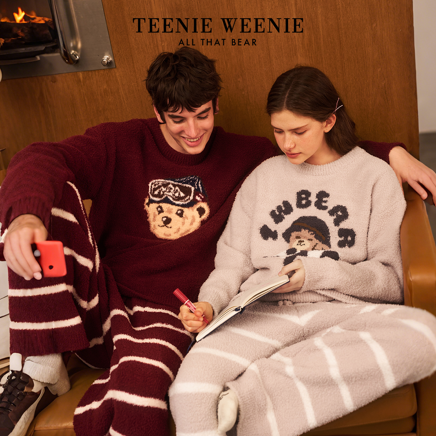 TeenieWeenie小熊半边绒睡衣情侣2025新款冬季加绒男女家居服套装