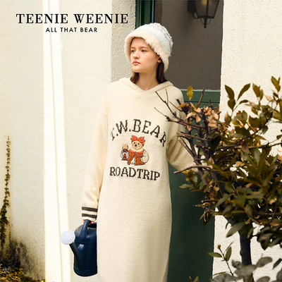 TeenieWeenie小熊半边绒戴帽睡裙男女情侣睡衣可爱刺绣家居服套装
