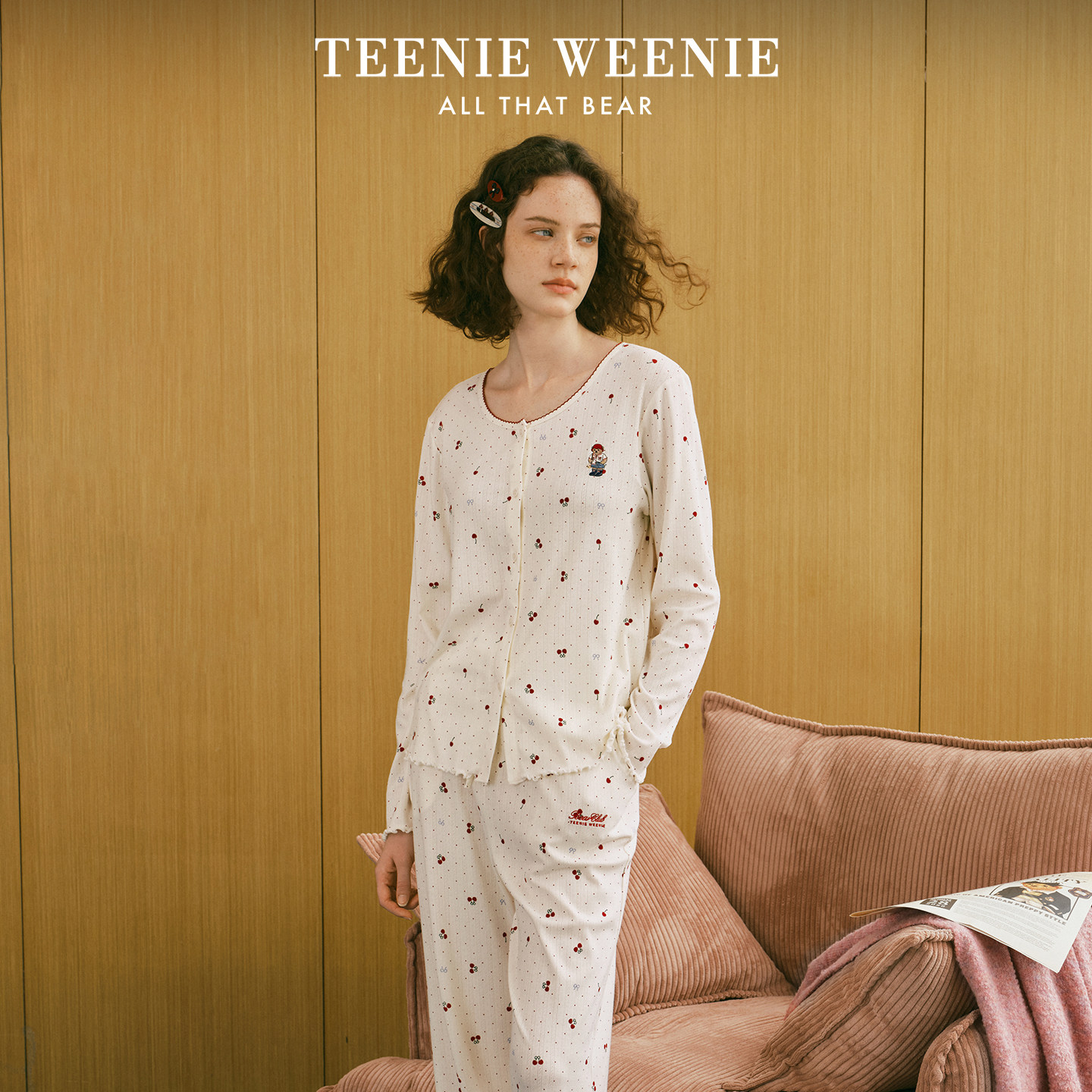 TeenieWeenie睡衣女莱赛尔棉提花春秋季甜美樱桃长袖长裤家居服
