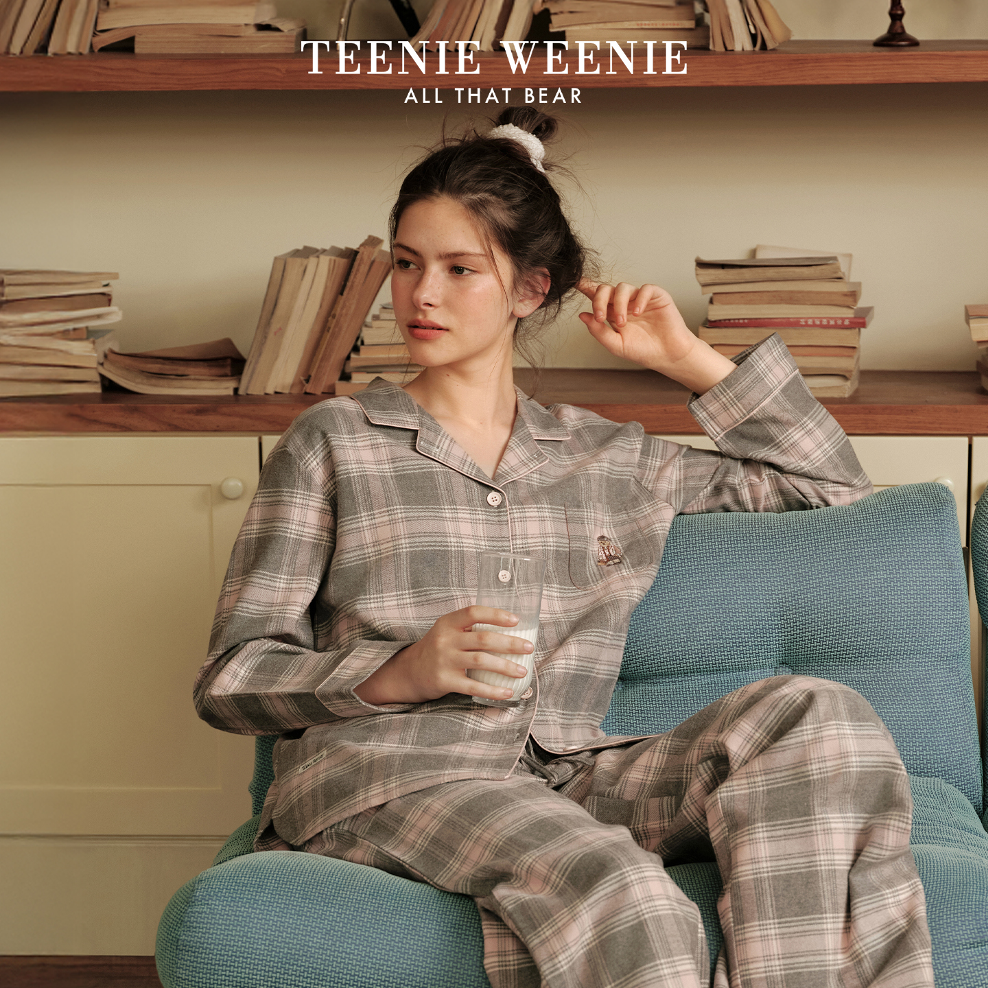 TeenieWeenie小熊纯棉格子睡衣女秋季新款2025休闲情侣家居服套装