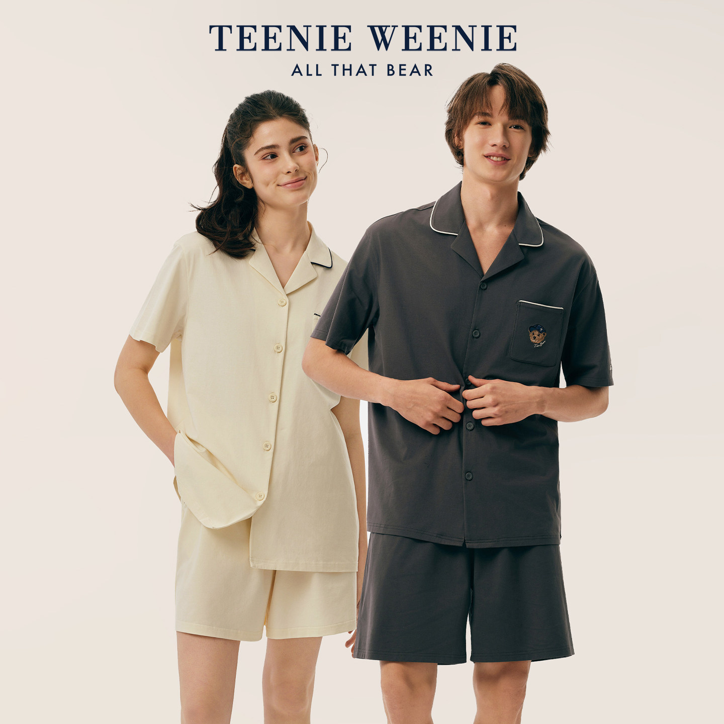 TeenieWeenie小熊情侣睡衣2026新款夏季纯棉透气门襟