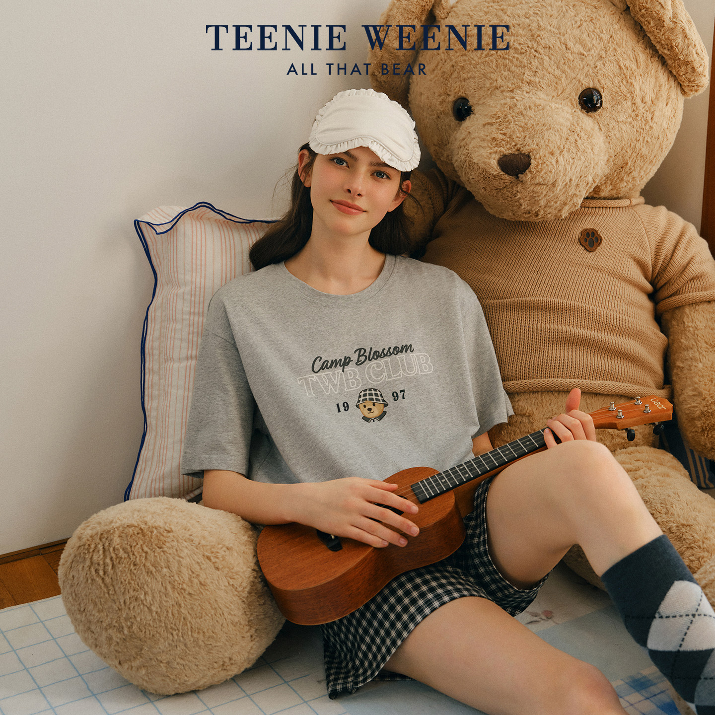 TeenieWeenie小熊纯棉睡衣女款夏季格纹短袖情侣家居服宽松休闲风