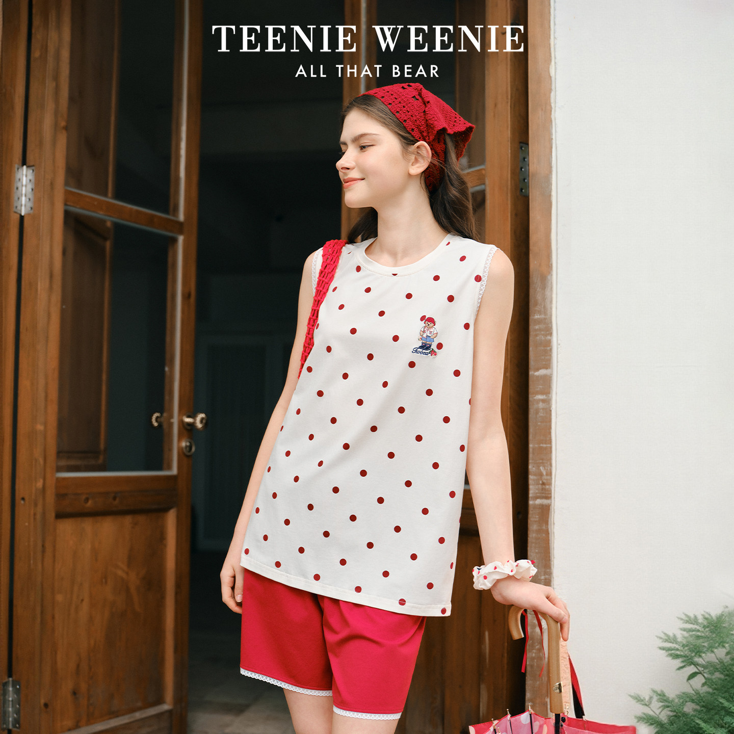 TeenieWeenie小熊纯棉睡衣女款夏季无袖波点撞色蕾丝边甜