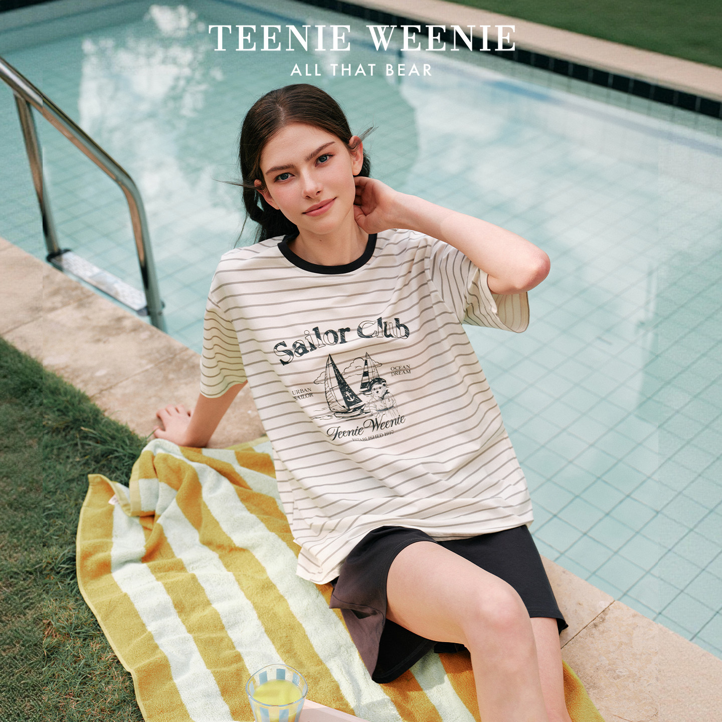 TeenieWeenie小熊纯棉睡衣女款夏季情侣条纹家居服休闲风