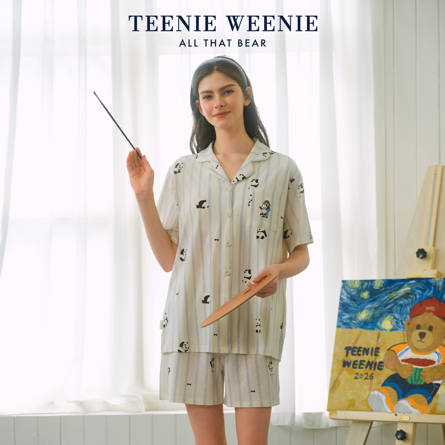 TeenieWeenie小熊夏季睡衣女款带胸垫莫代尔棉凉感熊猫短