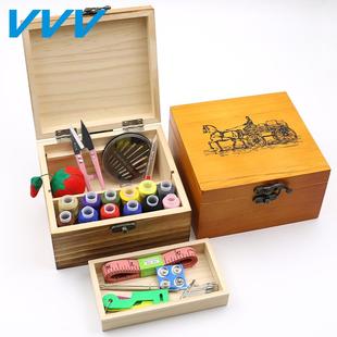 复古实木针线盒套装手工针线手缝家用缝纫线绣花针收纳盒针线包