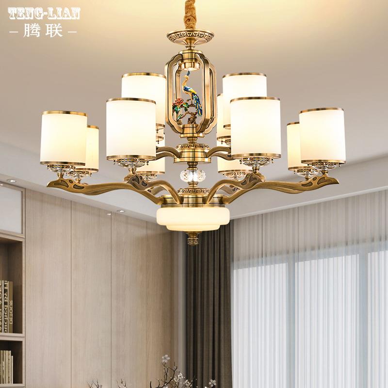 新中式复式楼大厅全铜吊灯楼梯客厅中空吊灯别墅卧室房间大气灯具