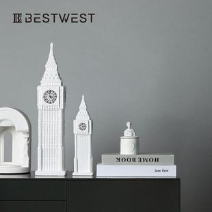 博西家居 英国伦敦白色大本钟陶瓷摆件 家居软装建筑钟楼工艺品