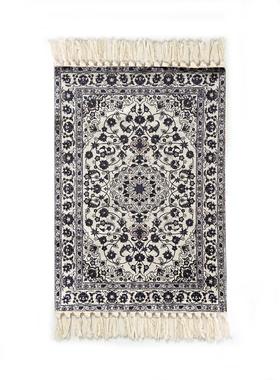 跨境黑白灰色波斯民族风花卉手工打结流苏棉涤棉麻感民宿地毯地垫