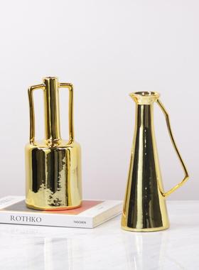 现代简约欧式轻奢金色树脂酒瓶花瓶摆件样板房售楼处软装饰品