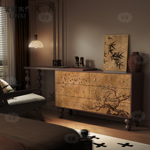 新中式复古六斗柜家用卧室收纳置物柜侘寂风梳妆台实木搭台装饰柜