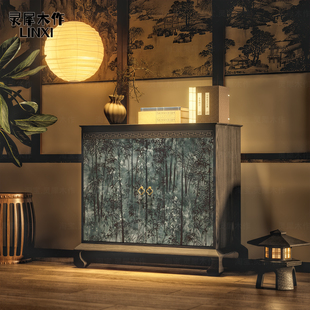 宋氏美学新中式竹子图案客厅复古实木入户玄关柜靠墙艺术装饰立柜