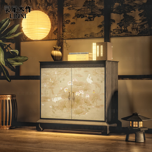 宋氏美学玄关柜家用门口收纳柜一体式入户新中式实木莲花客厅立柜