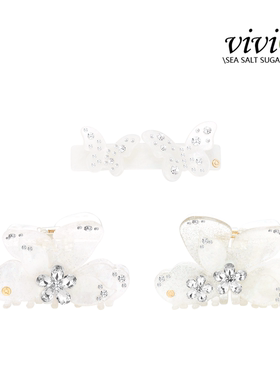 ViviQ/薇琦【银霜花蝶】法式轻奢重工醋酸抓夹蝴蝶结镶钻发饰发夹