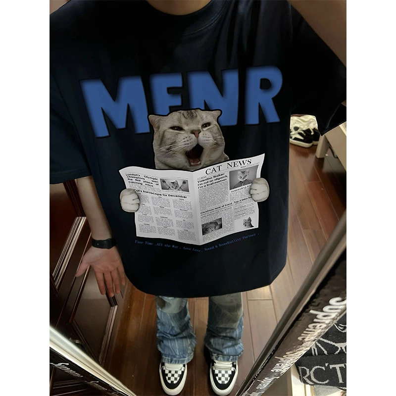 2026夏季新款趣味报纸小猫印T恤