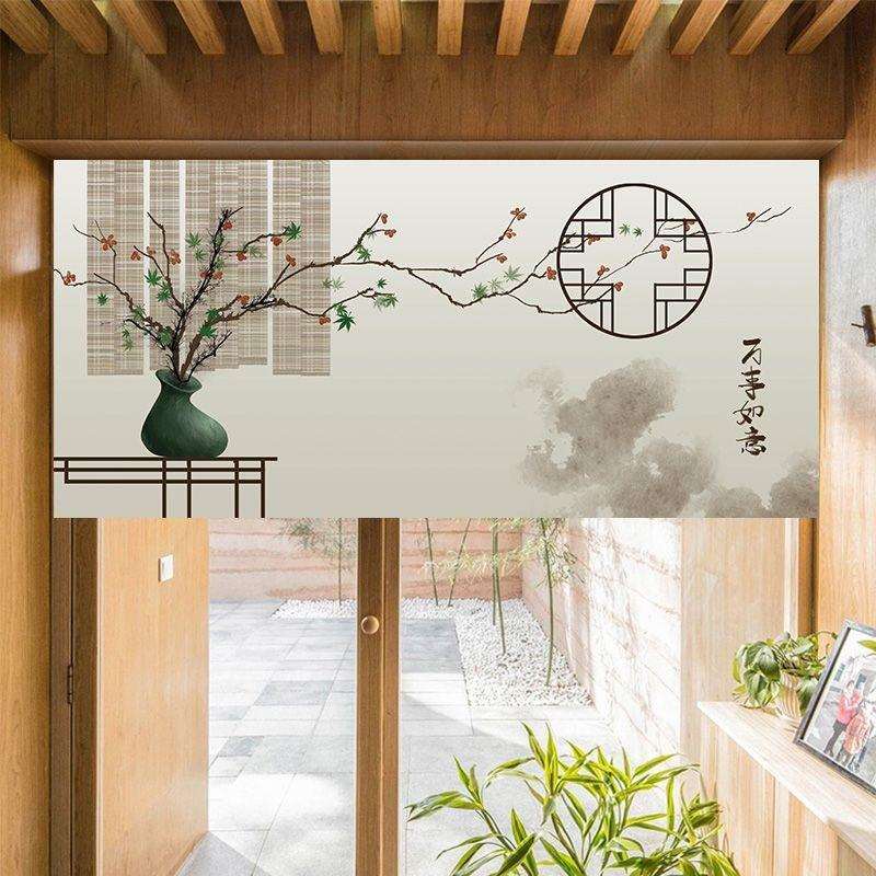 中式半帘短帘免打孔布挂帘窗帘厨房遮挡帘柜子帘子客厅门帘隔断帘