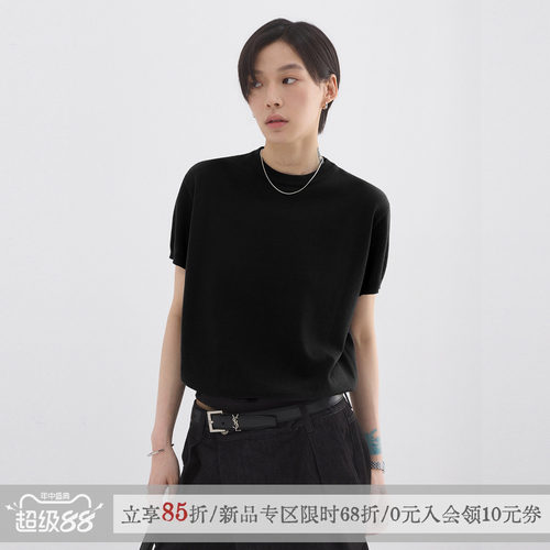sameuoo散养文化「久仰」黑色亲肤冰丝针织衫短袖t恤女夏通勤上衣