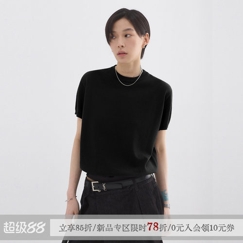sameuoo散养文化「久仰」黑色亲肤冰丝针织衫短袖t恤女夏通勤上衣