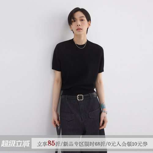 sameuoo散养文化「久仰」黑色冰丝针织短袖t恤女夏休闲正肩上衣