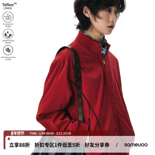 sameuoo散养文化「红垒」特氟龙三防春秋女跨年拼接红色夹克外套