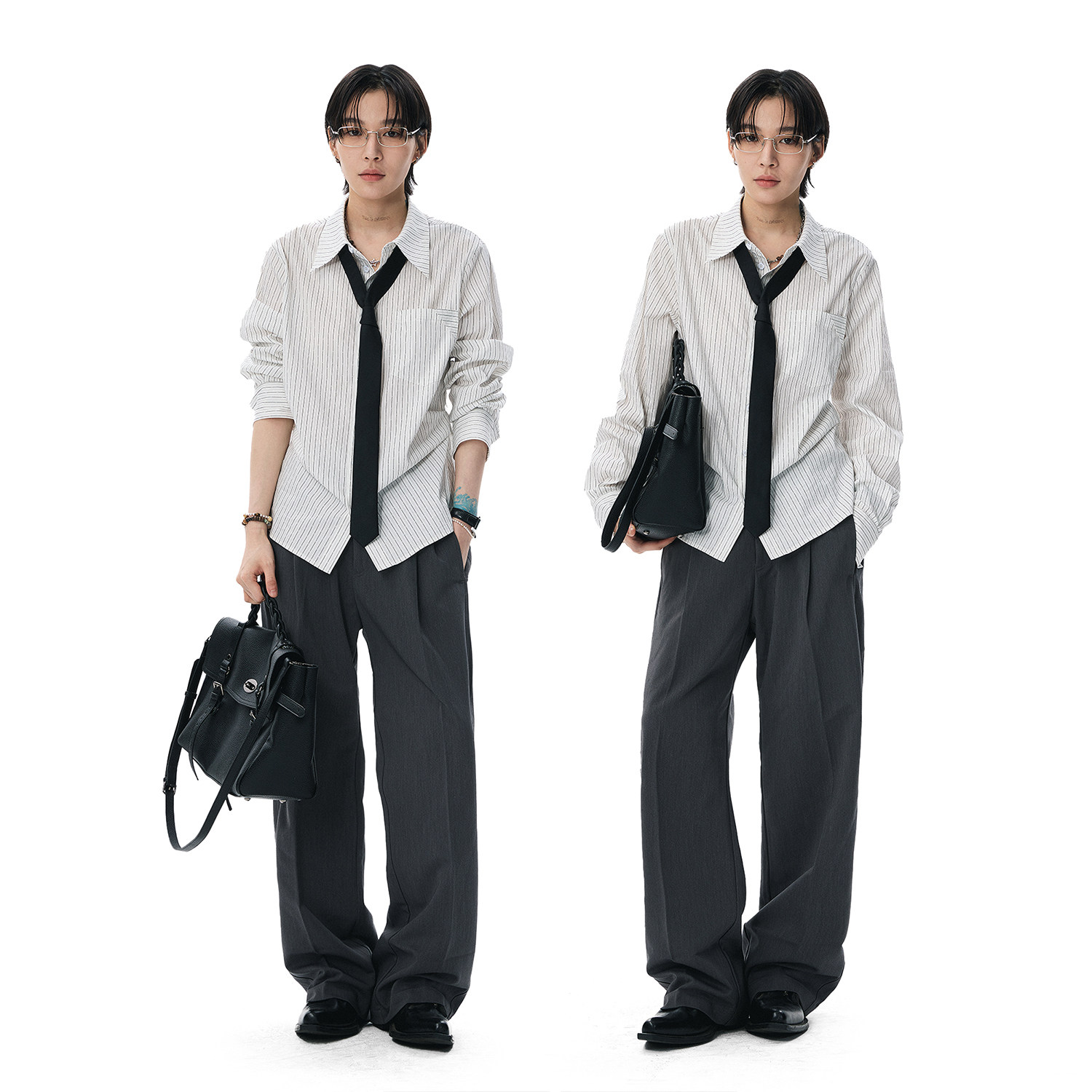 【李维嘉同款】散养文化「银映」抽褶收腰中性风条纹长袖衬衫