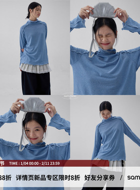 sameuoo散养文化蓝色条纹半高领内搭打底衫秋冬长袖t恤女新款上衣