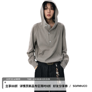 sameuoo散养文化「自由因子」下摆抽绳春季中性连帽格子长袖衬衫