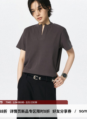 sameuoo散养文化「甜茶」小V领正肩短袖t恤女夏简约中性短款上衣