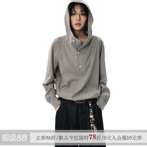 散养文化中性连帽格子长袖衬衫秋
