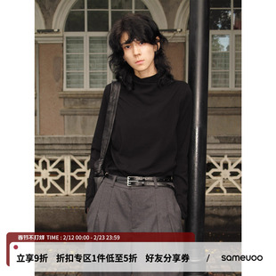 sameuoo散养文化交叉烟囱领长袖T恤内搭春季正肩黑色打底衫上衣女