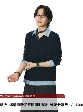 sameuoo散养文化「谧言」假两件长袖t恤女秋冬内搭雪花棉正肩上衣