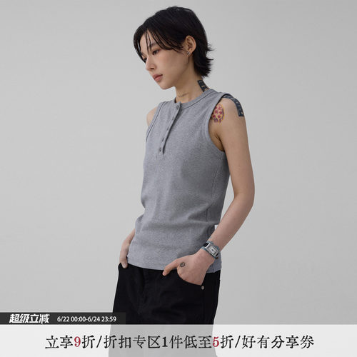 sameuoo散养文化「色」弹力螺纹背心t恤女夏季坎肩休闲无袖上衣t