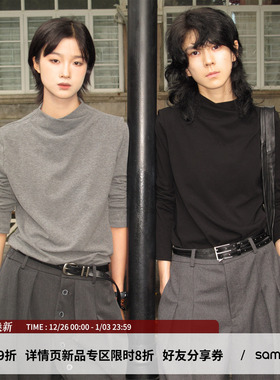 sameuoo散养文化交叉烟囱领正肩长袖T恤秋冬打底衫内搭修身上衣女