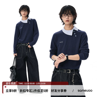 sameuoo散养文化「倾界」云梯棉长袖 内搭斜门襟Polo领 t恤女秋冬