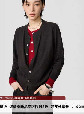 sameuoo散养文化假两件撞色内搭针织衫 正肩针织开衫红色跨年上衣