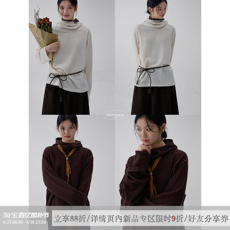 sameuoo散养文化肌理感连帽套头长袖t恤春季中性风内搭打底衫