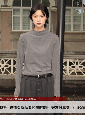 sameuoo散养文化烟囱领正肩长袖T恤女2025新款半高领打底上衣秋冬
