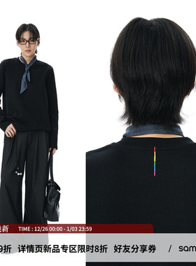 sameuoo散养文化「彩虹虾线」黑色长袖t恤 彩色刺绣 正肩基础上衣