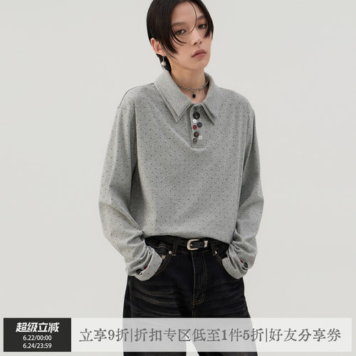 双层多纽扣设计Polo领波点长袖t