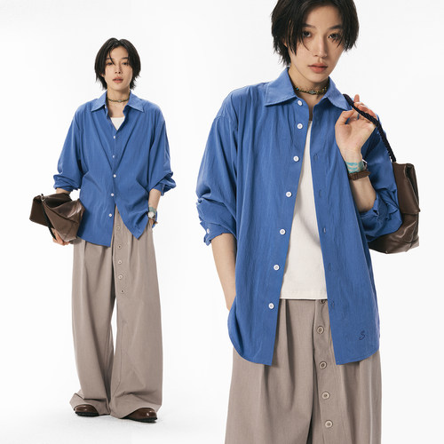 散养文化蓝色长袖衬衫通勤衬衣夏