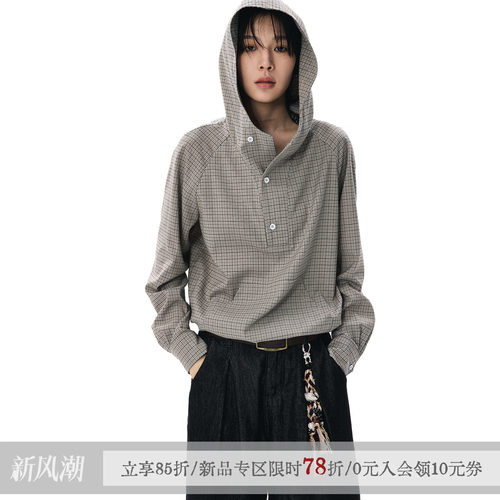 散养文化中性连帽格子长袖衬衫秋