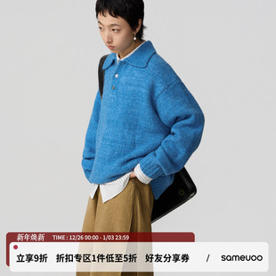 sameuoo散养文化「蓝坍」羊毛混纺翻领毛衣可外穿内搭慵懒针织衫
