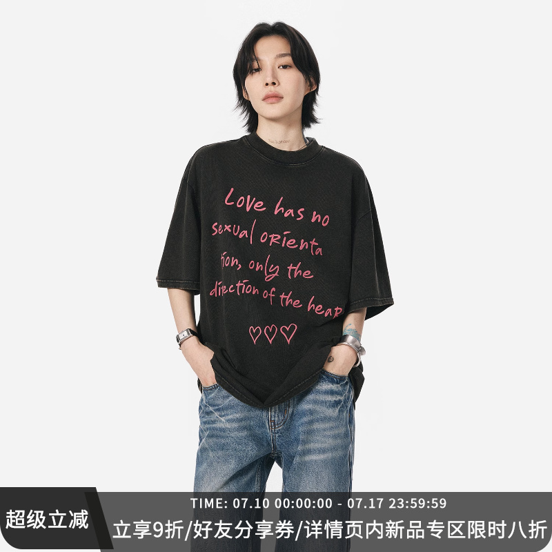 sameuoo散养文化「对白」水洗做旧纯棉黑色短袖t恤女夏情侣半袖t